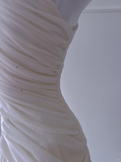 Elegant Chiffon Pleated Sleeveless Birthday Party Dress White Vacation Dress With Pearls S484