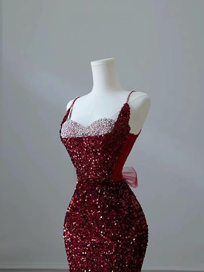 Sexy Mermaid Spaghetti Straps Sequin Burgundy Long Prom Dresses SD1515