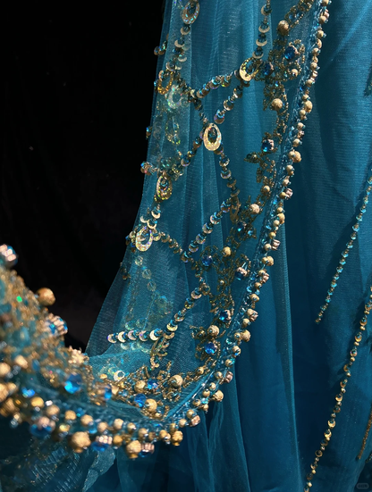 Gorgeous V Neck Blue Satin Tulle Beaded mermaid Long Party Dress Evening Dress D5076