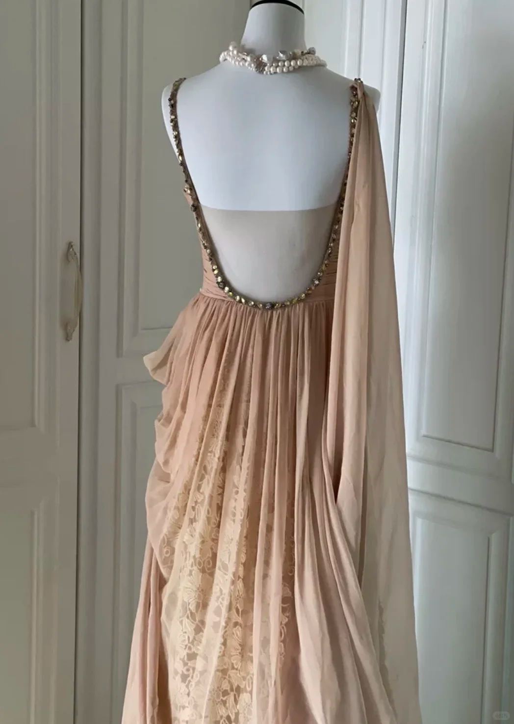 Vintage Spaghetti Straps Lace Chiffon Beaded Mermaid Evening Dress Long Prom Gown D3100