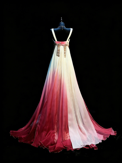 Elegant Spaghetti Straps V Neck Chiffon Beaded Long Party Dress Ombre Pink Mermaid Long Evening Dress D4878