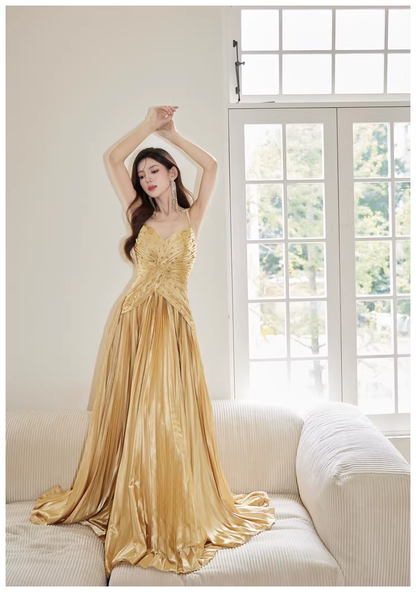 Gorgeous Spaghetti Straps Gold Satin Pleated Beaded A Line Long Evening Dress Birthday Dress D2406