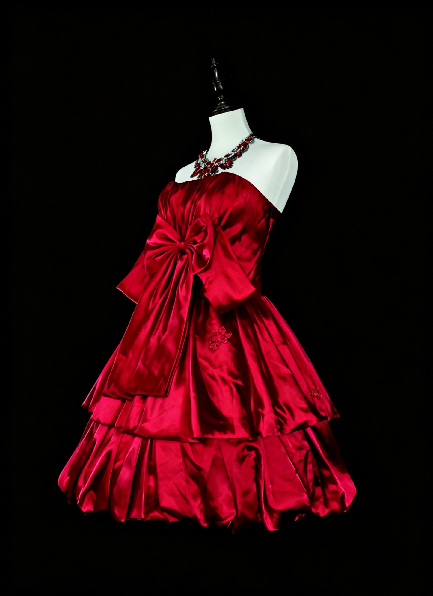 Fairy Bow Satin Layered A Line Short 17th Birthday Outfits,Red Short Party Dress D4066