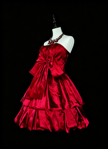 Fairy Bow Satin Layered A Line Short 17th Birthday Outfits,Red Short Party Dress D4066