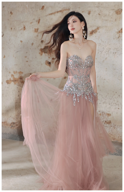 Pretty Pink Sweetheart Neck Tulle Sequin A Line Slit Long Evening Dress Party Gown D2408