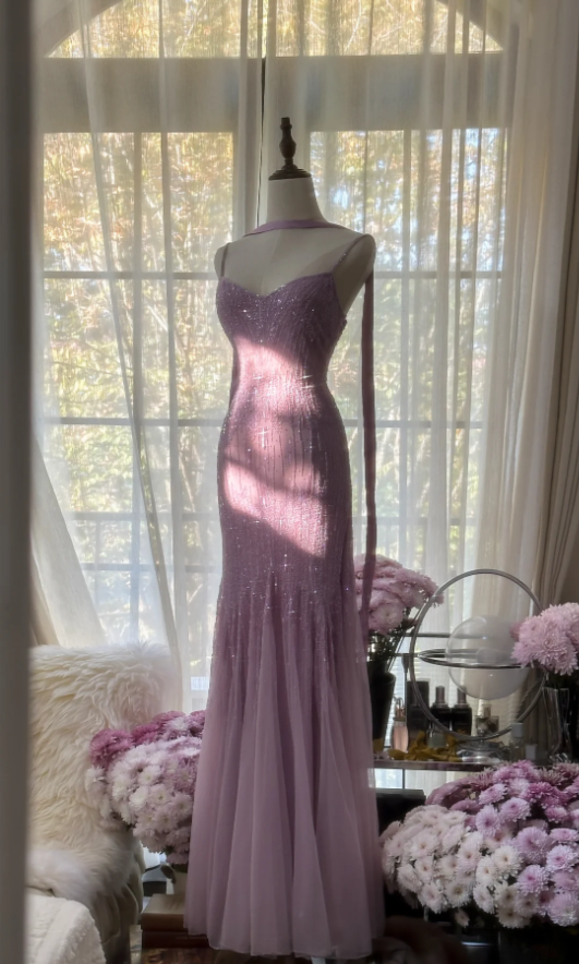 Elegant Spaghetti Straps Purple Chiffon Beaded Mermaid Long Party Dress Evening Gown D2105