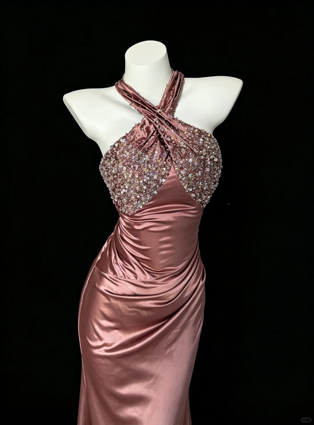 Pretty Dusty Rose Satin Beaded Mermaid Party Dress Halter Long Evening Dress D5214