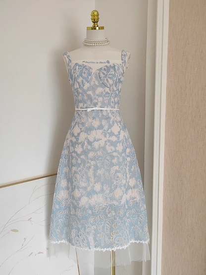 Simple A line Straps Sleeveless Blue Lace Party Dress Holiday Birthday Dresses For Women SD361