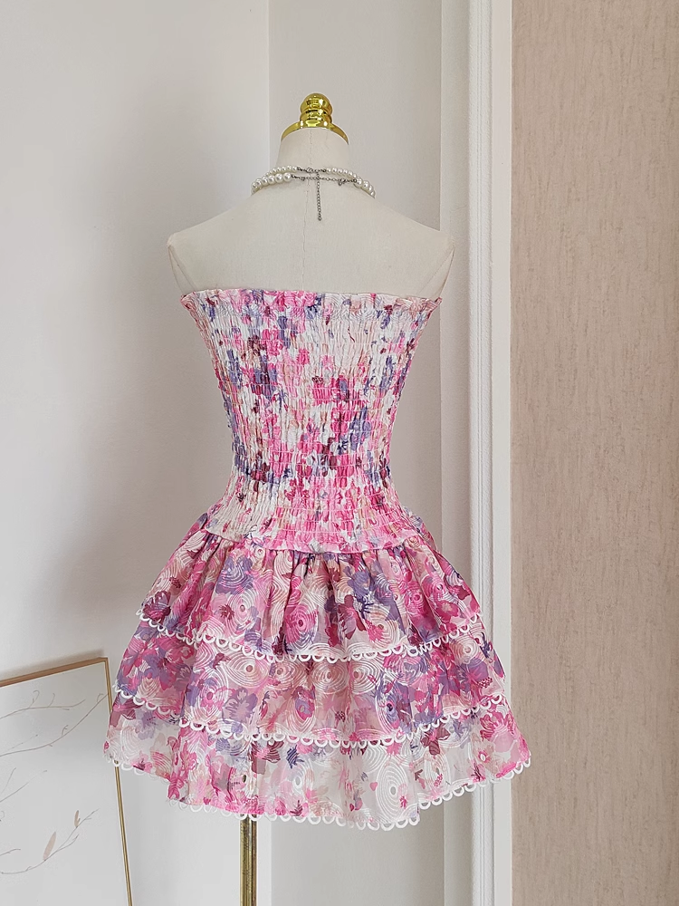 Cute A line Strapless Sleeveless Pink Floral Cocktail Dress Short Birthday Outfits SD388