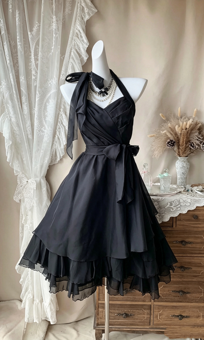 Simple Black Halter Satin Chiffon A Line Short Homecoming Dress Cocktail Dress D4078