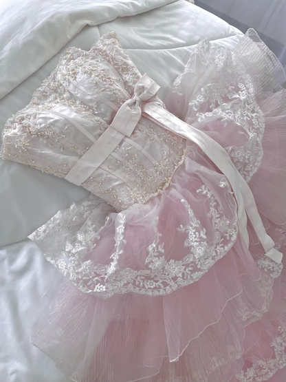 Pretty Strapless Tulle Lace Layered Long Prom Dress,Pink Long Party Dress D4005