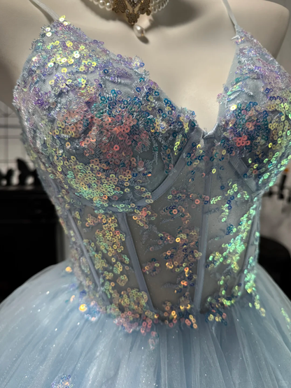 Cute Blue Spaghetti Straps Tulle Sequin Short Graduation Homecoming Dress Birthday Dress D4709