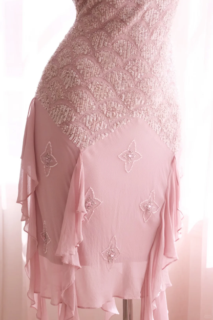 Pretty Pink Sleeveless V Neck Chiffon Sequin Sheath Backless Short Homecoming Dress Birthday Outfits D2743