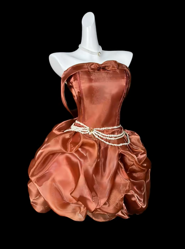 Vintage Caramel Brown Strapless Satin Tulle Pleated A Line Short Homecoming Dress Cocktail Dress D4205