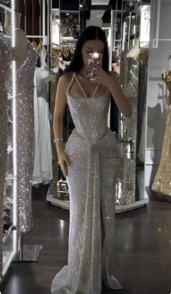 Glamorous Sequin Beaded Mermaid Slit Long Prom Dress Silver Long Party Gown D5123