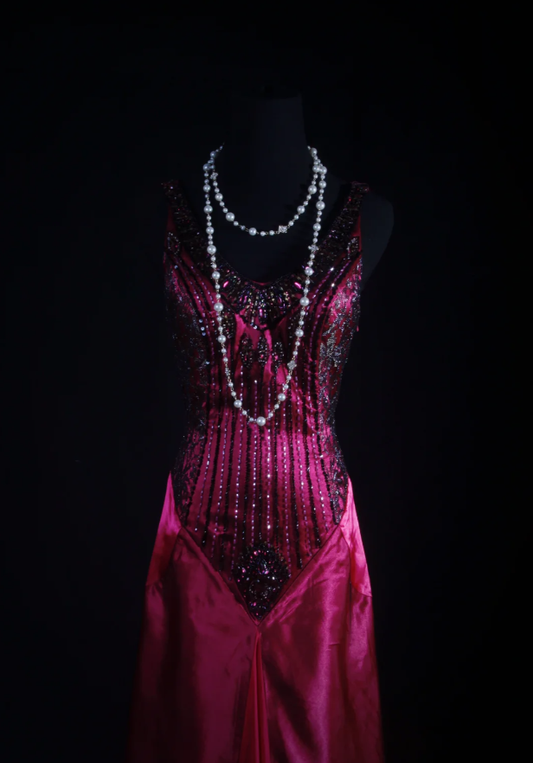 Charming V Neck Hot Pink Satin Beaded Mermaid Long Party Dress Birthday Evening Gown D2221