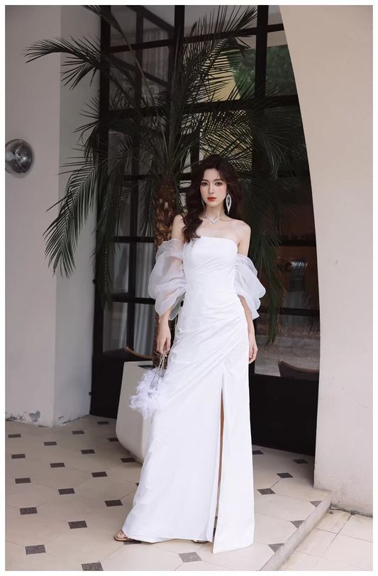 Classy Off The Shoulder White Satin Slit Mermaid Long Party Dress Birthday Evening Dress D2421