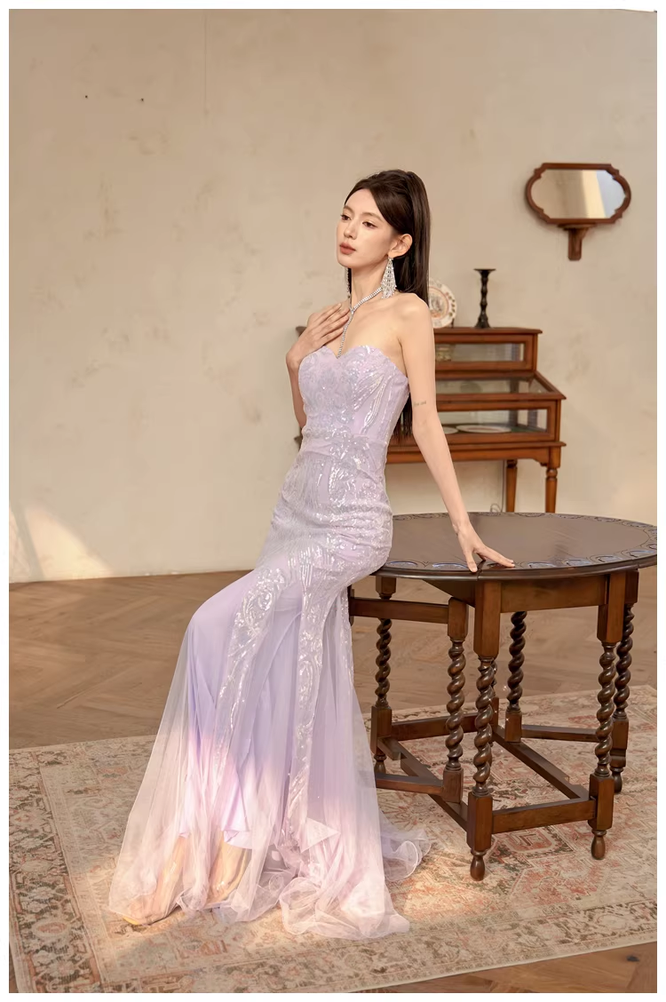 Gorgeous Sweetheart Neck Lavender Tulle Sequin Mermaid Long wedding Guest Dress Formal Evening Dress Prom Gown D2435