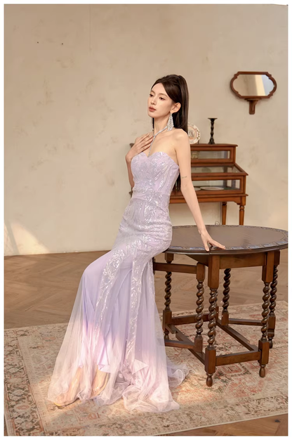 Gorgeous Sweetheart Neck Lavender Tulle Sequin Mermaid Long wedding Guest Dress Formal Evening Dress Prom Gown D2435