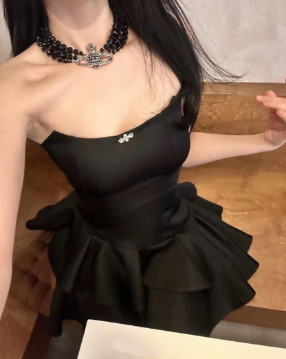 Cute A line Strapless Black Vacation Dresses Short Satin Birthday Dress SD234