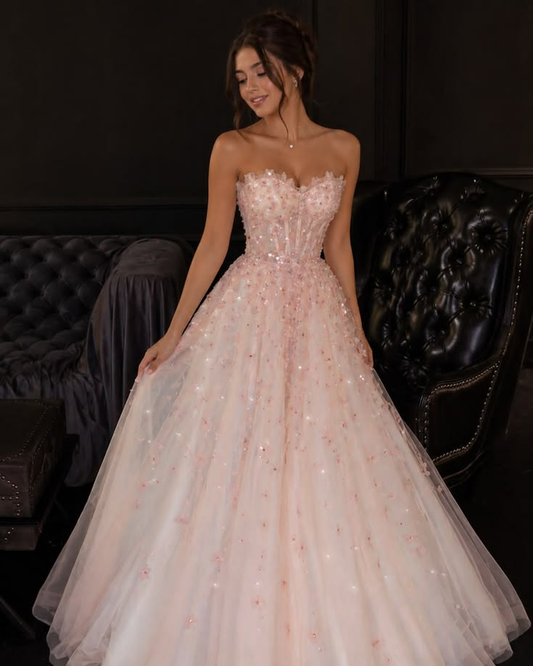 Glamorous Strapless Tulle Sequin Appliques Long Prom Dress,Pink Evening Dress D3115
