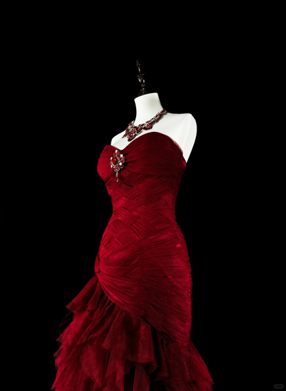 Charming Strapless Tulle Pleated Ruffles Mermaid Long Prom Dress Burgundy Evening Dress D5386