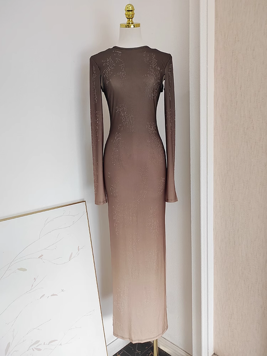 Sexy Sheath Scoop Long Sleeves Ombre Brown Party Dress Holiday Birthday Dresses For Women SD364