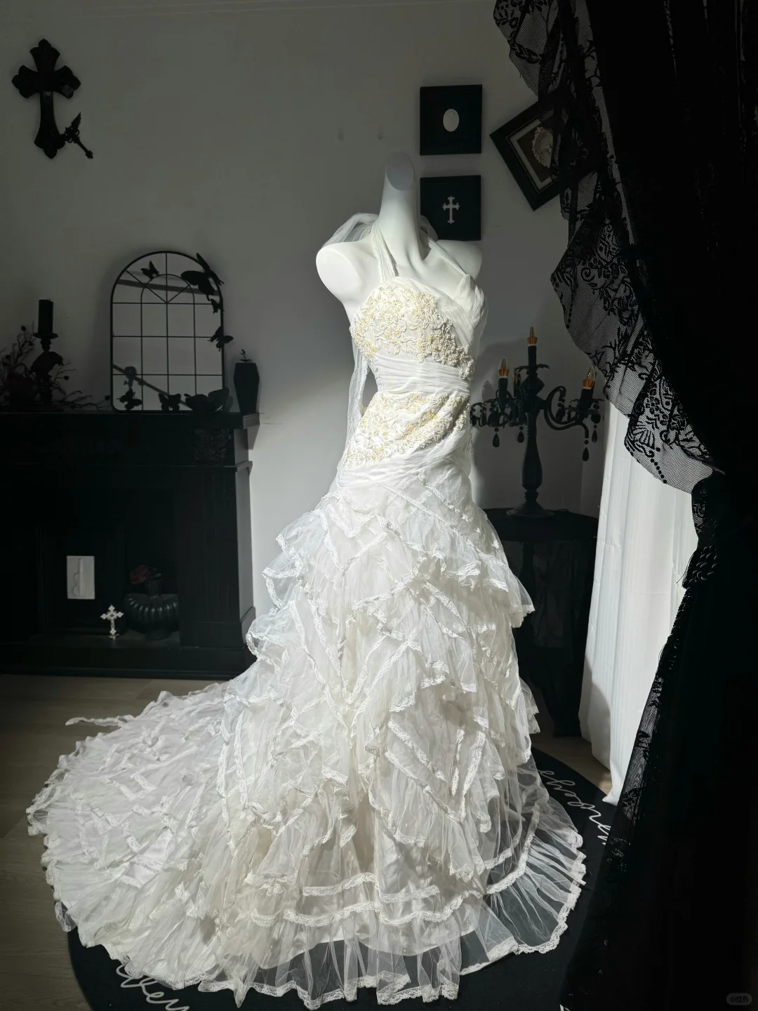 Pretty Halter Tulle Lace Ruffle Mermaid Prom Dress,White Long Evening Dress With Beads D3727