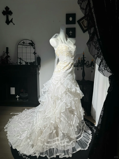 Pretty Halter Tulle Lace Ruffle Mermaid Prom Dress,White Long Evening Dress With Beads D3727