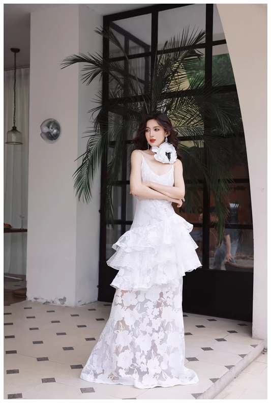 Fairy Spaghetti Strap White Lace Ruffle Layered Mermaid Long Prom Dress Evening Gowns D2426