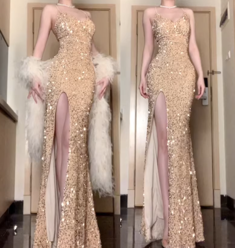 Sparkly Spaghetti Straps V Neck Blue Sequin Mermaid Slit Long Evening Dress Formal Wedding Guest Dress D2404