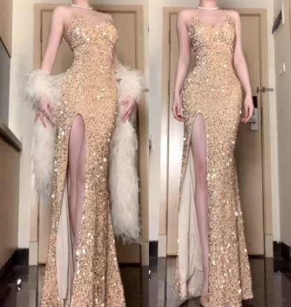 Sparkly Spaghetti Straps V Neck Blue Sequin Mermaid Slit Long Evening Dress Formal Wedding Guest Dress D2404