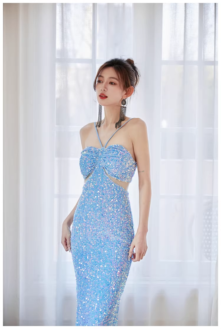 Glitter Blue Sequin Mermaid Long Wedding Guest Dress Formal Evening Dress Party Gown D2440