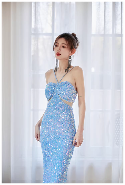 Glitter Blue Sequin Mermaid Long Wedding Guest Dress Formal Evening Dress Party Gown D2440
