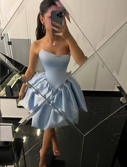 Elegant Blue Strapless Satin A Line Short Homecoming Dress Cocktail Dress D3678