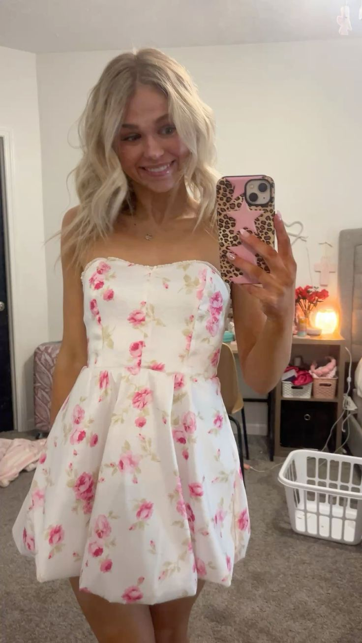 Pretty Strapless Satin Print Floral A Line Short Birthday Dress,White Short 8th Grade Homecoming Dress D3920