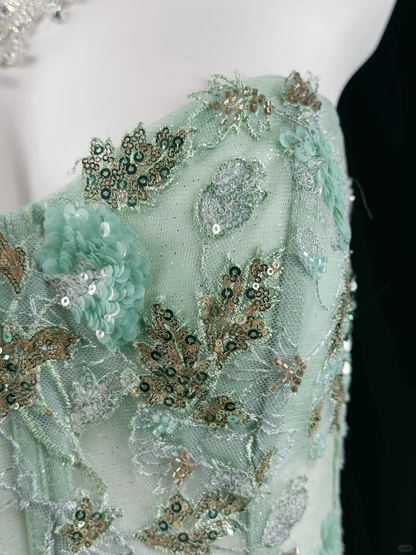 Charming Strapless Mint Green Tulle Sequin A Line Long Evening Dress Party Gown D2514