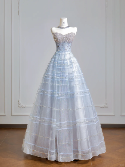 Fairy Blue Ball Gown Strapless Tulle Sequin Beaded Long Party Dress Birthday Evening Gowns D2505