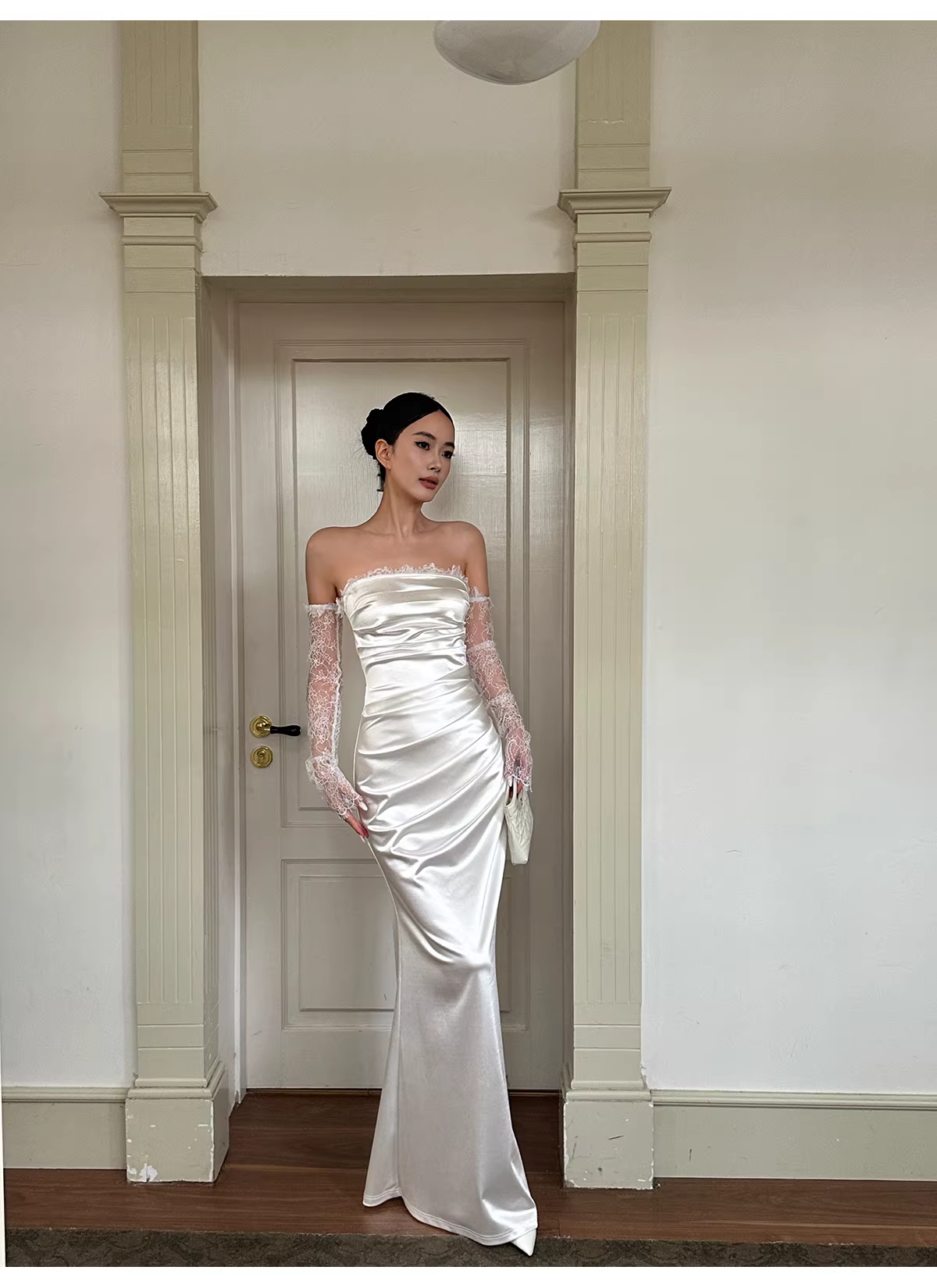 Classy White Off The Shoulder Satin Lace Mermaid Long Wedding Guest Dress Formal Evening Dress Prom Gown D2126