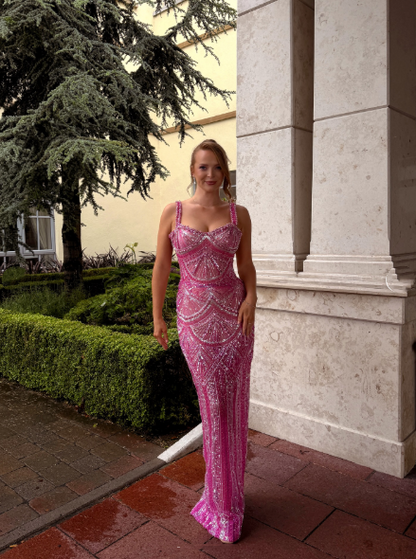 Gorgeous Pink Spaghetti Straps Sequin Beaded Long Evening Dress Formal Party Gown D872