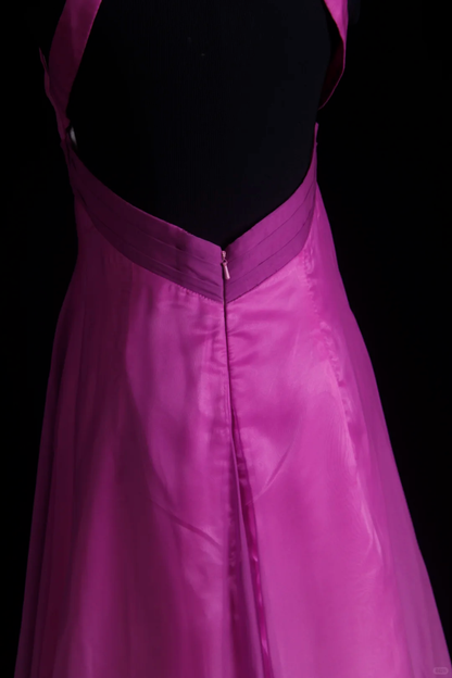 Elegant Halter V Neck Fuchsia Chiffon Beaded Party Dress Formal Long Wedding Guest Dress D2851