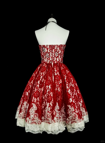Glamorous Strapless Lace Beaded Short Prom Dress,Red A Line Mini Birthday Dress D4050