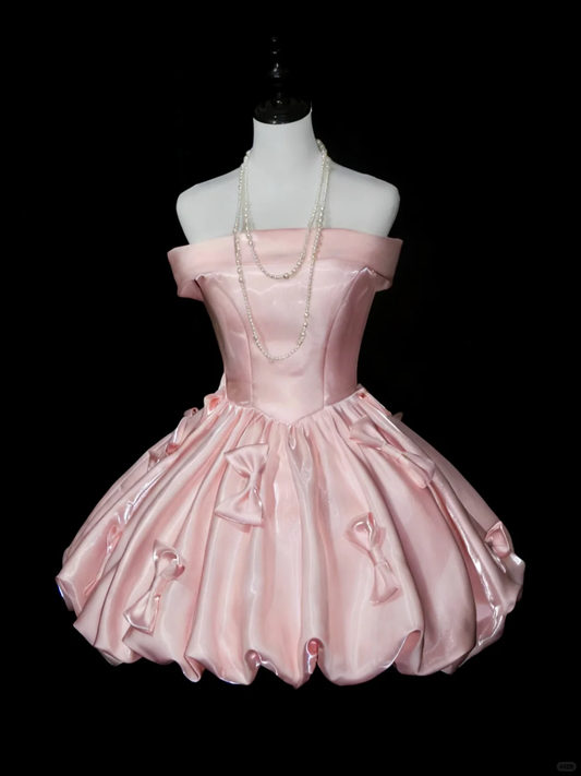 Sweet Pink Off The Shoulder Satin Bow A Line Short Birthday Outfits Formal 8th Grade Homecoming Dress D2798