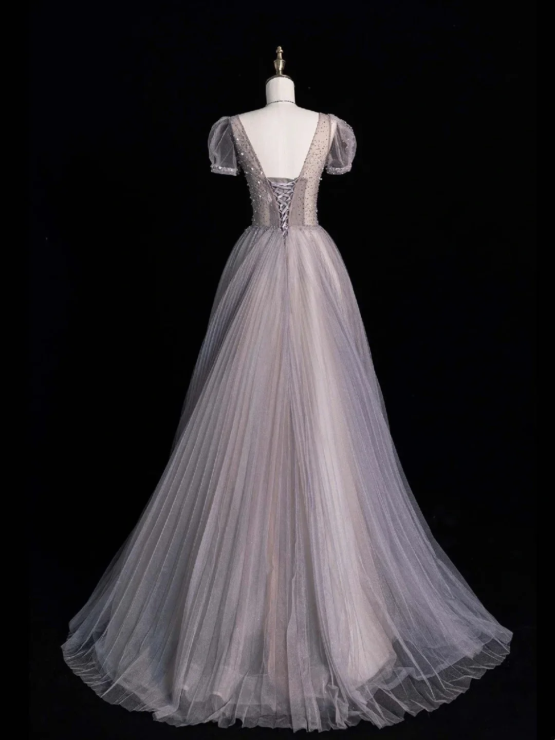 Beautiful V Neck Purple Tulle Pleated Beaded Long Prom Dresses Birthday Evening Dress D4829