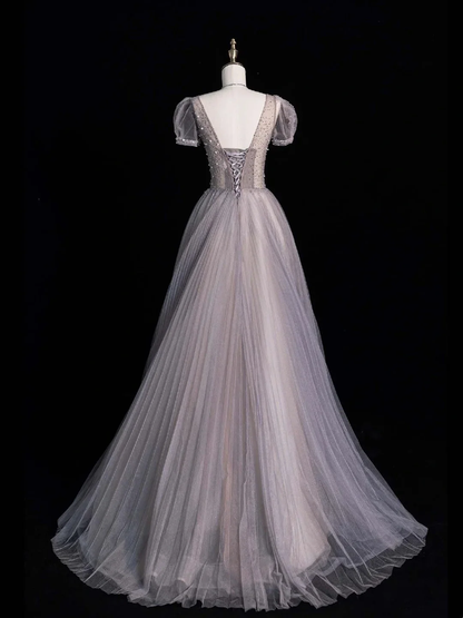 Beautiful V Neck Purple Tulle Pleated Beaded Long Prom Dresses Birthday Evening Dress D4829