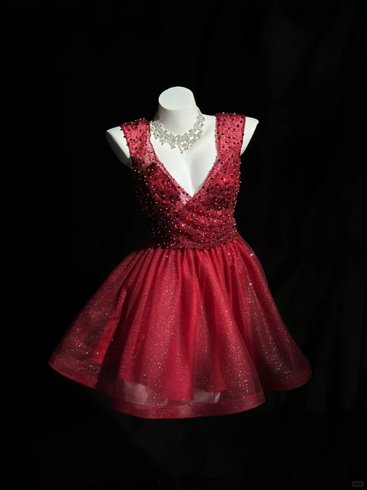 Glitter V Neck Sleeveless Tulle Sequin Beaded A Line Mini Prom Dress,Burgundy Short 9th Grade Homecoming Dress D3245