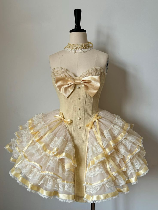 Sweet Yellow Sweetheart Neck Lace Layered A Short Party Dress 18th Birthday Outfits S819