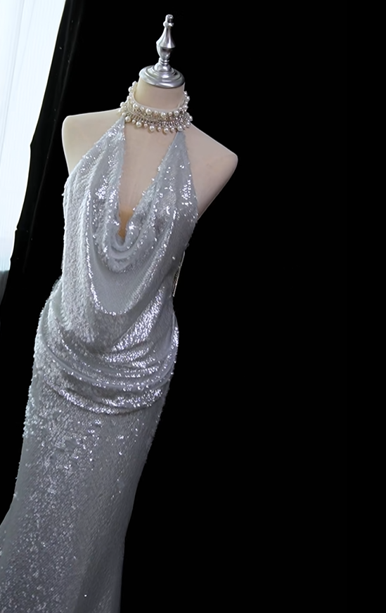 Glamorous Silver Sequin Tassel Mermaid Long Evening Dress Halter Backless Party Dress D5167