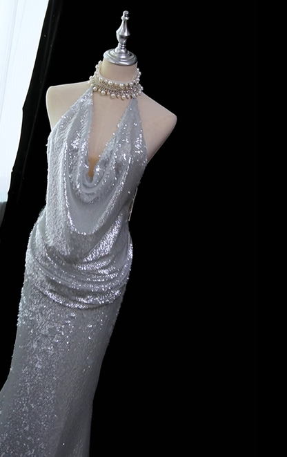 Glamorous Silver Sequin Tassel Mermaid Long Evening Dress Halter Backless Party Dress D5167
