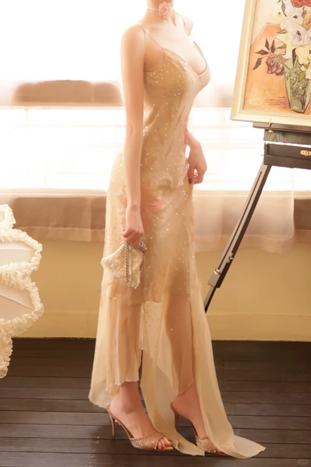 Classy Spaghetti Straps Cream Apricot Chiffon Print Floral Sequin Mermaid Evening Dress Long Prom Gowns D2767